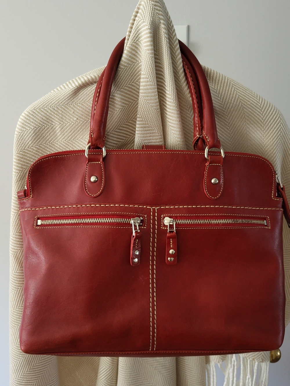 ROOTS Red Leather Tote Bag with Pink Interior